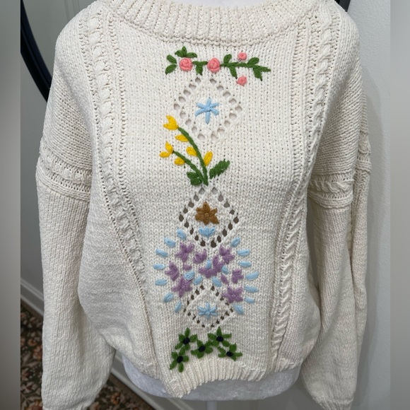 POL Cottagecore Embroidered Floral Knit Sweater Cozy Folk Boho Size XS - Picture 4 of 5